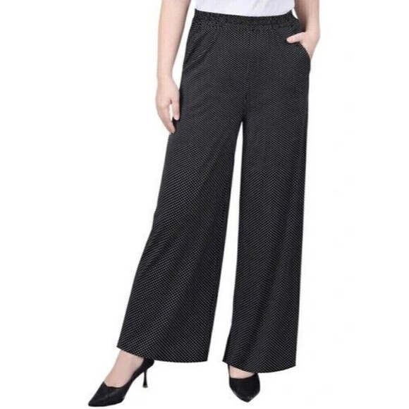 NY Collection Womens Petite Wide Leg Pant Pull On In Black White Taranto Dot PXL - Picture 1 of 3